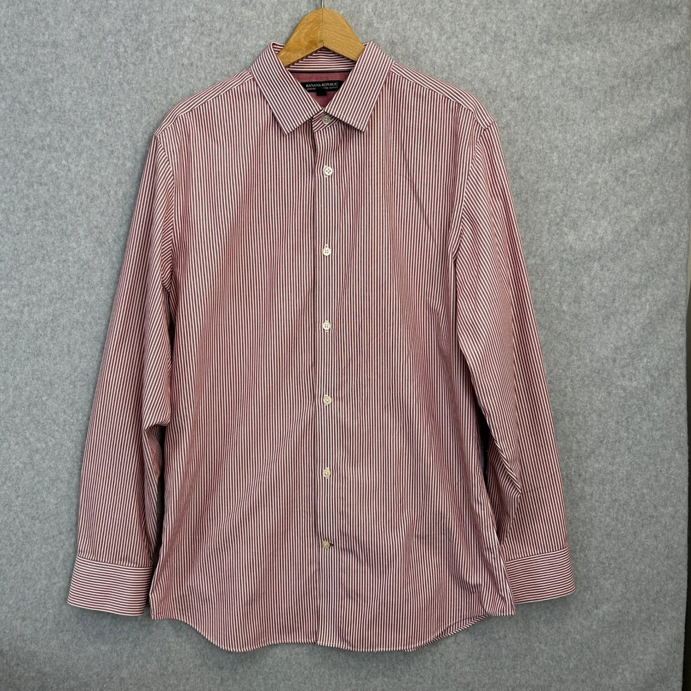 Banana Republic Button Down Shirt Red White Stripe Tailored Slim Fit Mens Large